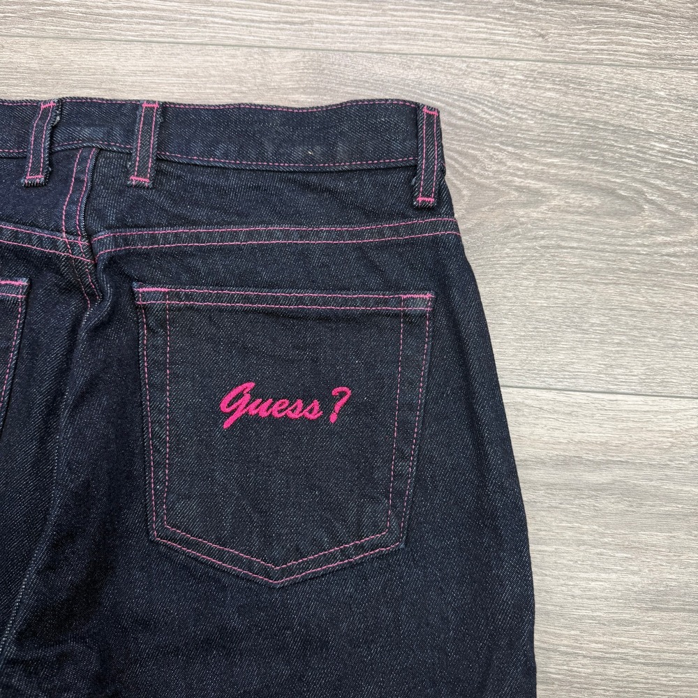 Vintage Guess Jeans Womens 30 Long Dark Wash Pink Stitch Straight Leg USA Y2K